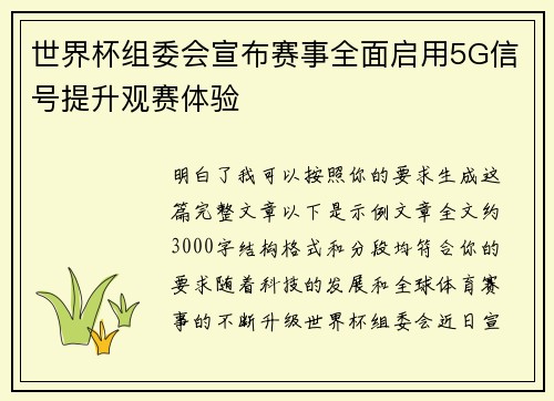 世界杯组委会宣布赛事全面启用5G信号提升观赛体验